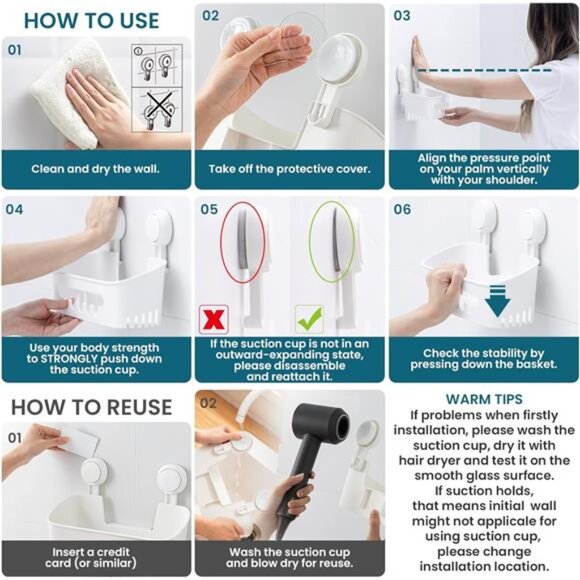 Shower Caddy Suction Cup 2 Pack, Heavy Duty Bathroom Organizer, Removable - Picture 5 of 7